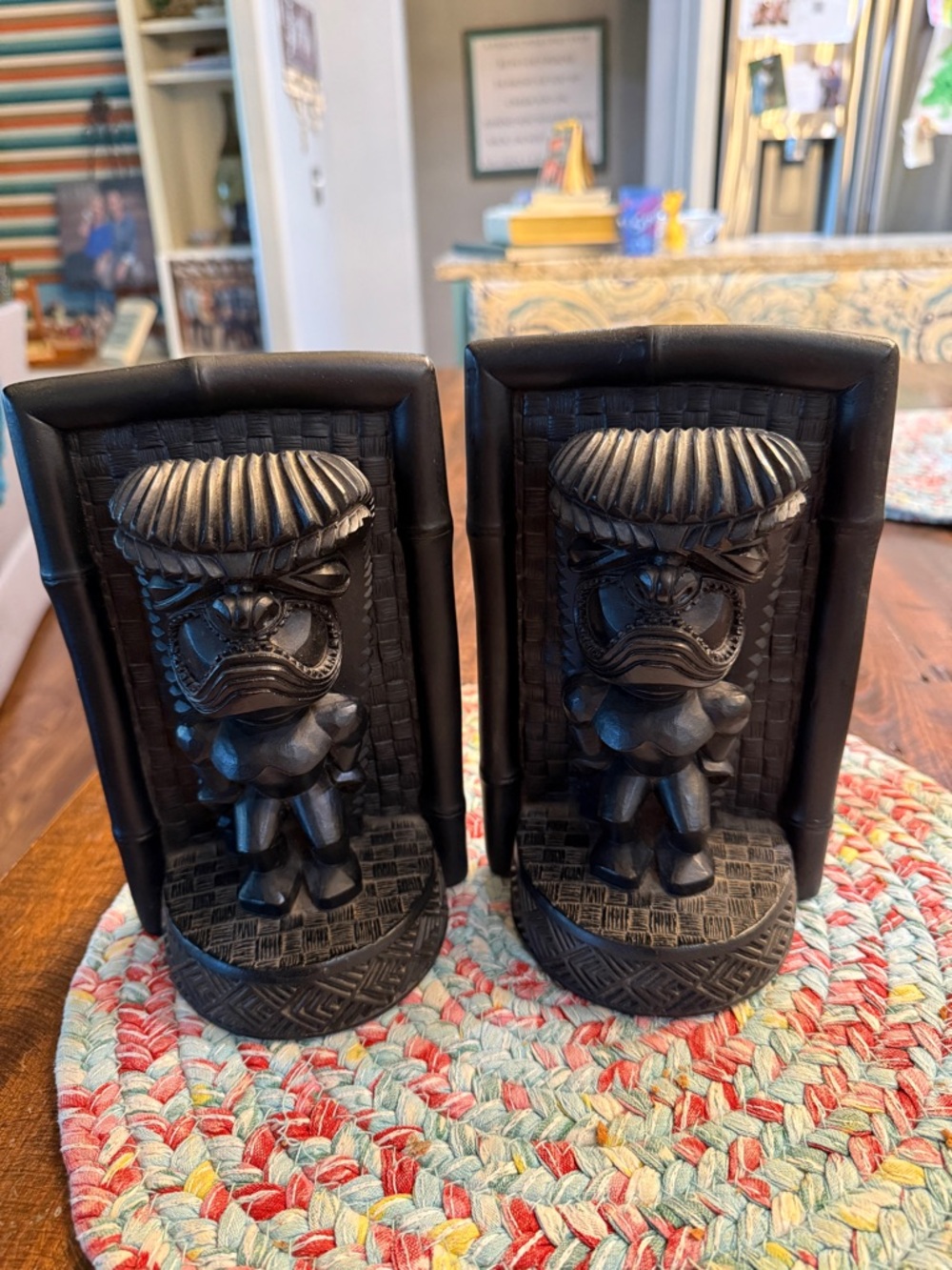 Tiki Warrior Bookends — Black Carved Polynesian Bookends